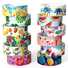 12 Rolls Summer Washi Tape Set, Hawaii Beach Holiday Decorative Tape Flamingo...