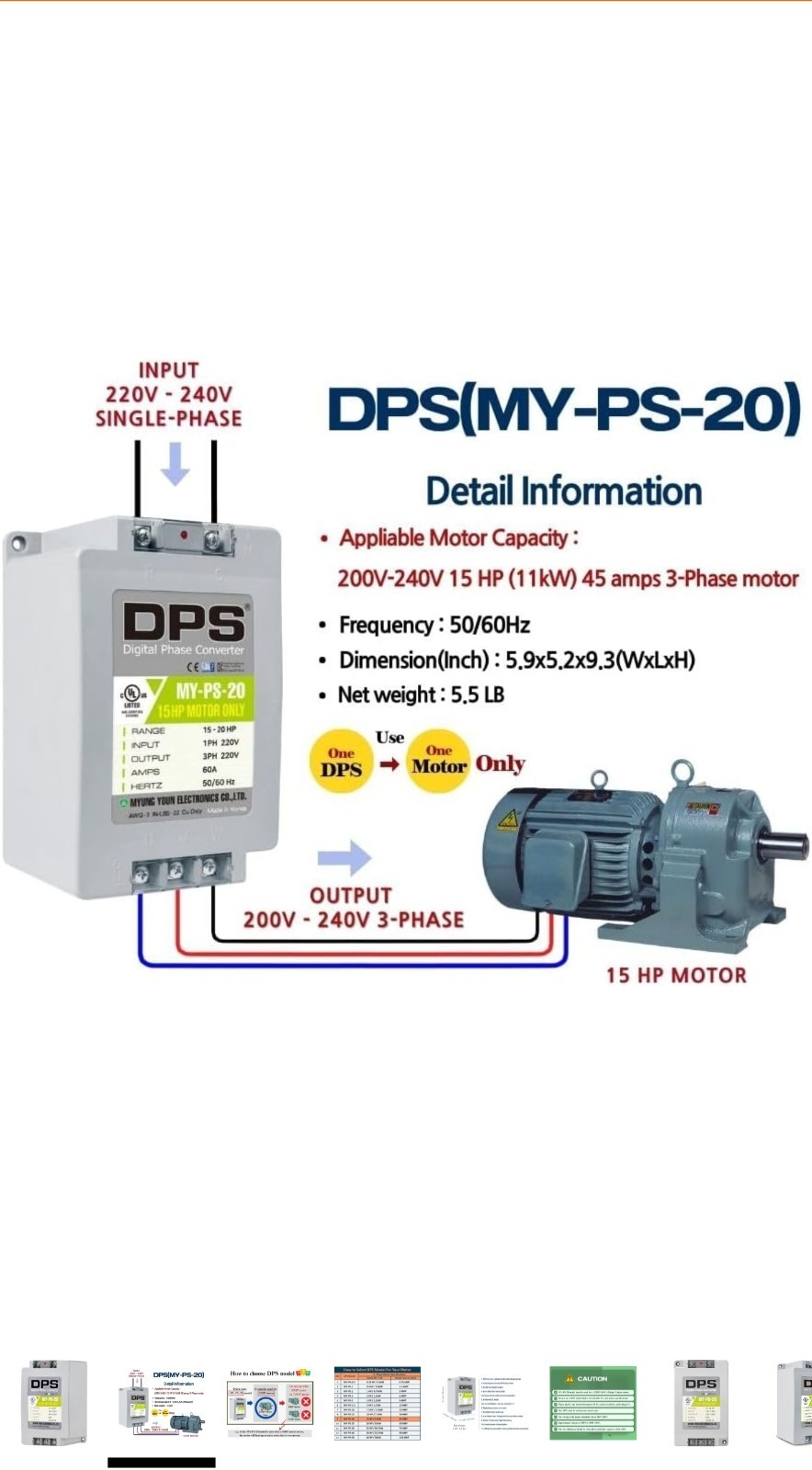 Single to 3 Phase Converter, Use 15HP(11kW) 45A Motor 200V-240V Only, MY-PS-20