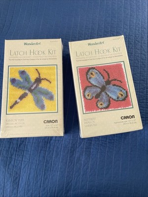 Vintage Lot 2 Caron Wonderart Latch Hook Kits 12 x 12 Butterfly & Rainbow Flier
