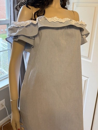 Mariagrazia Panizzi Blue White Striped Off Shoulder Dress Lace Trim Sz.M-L NWT