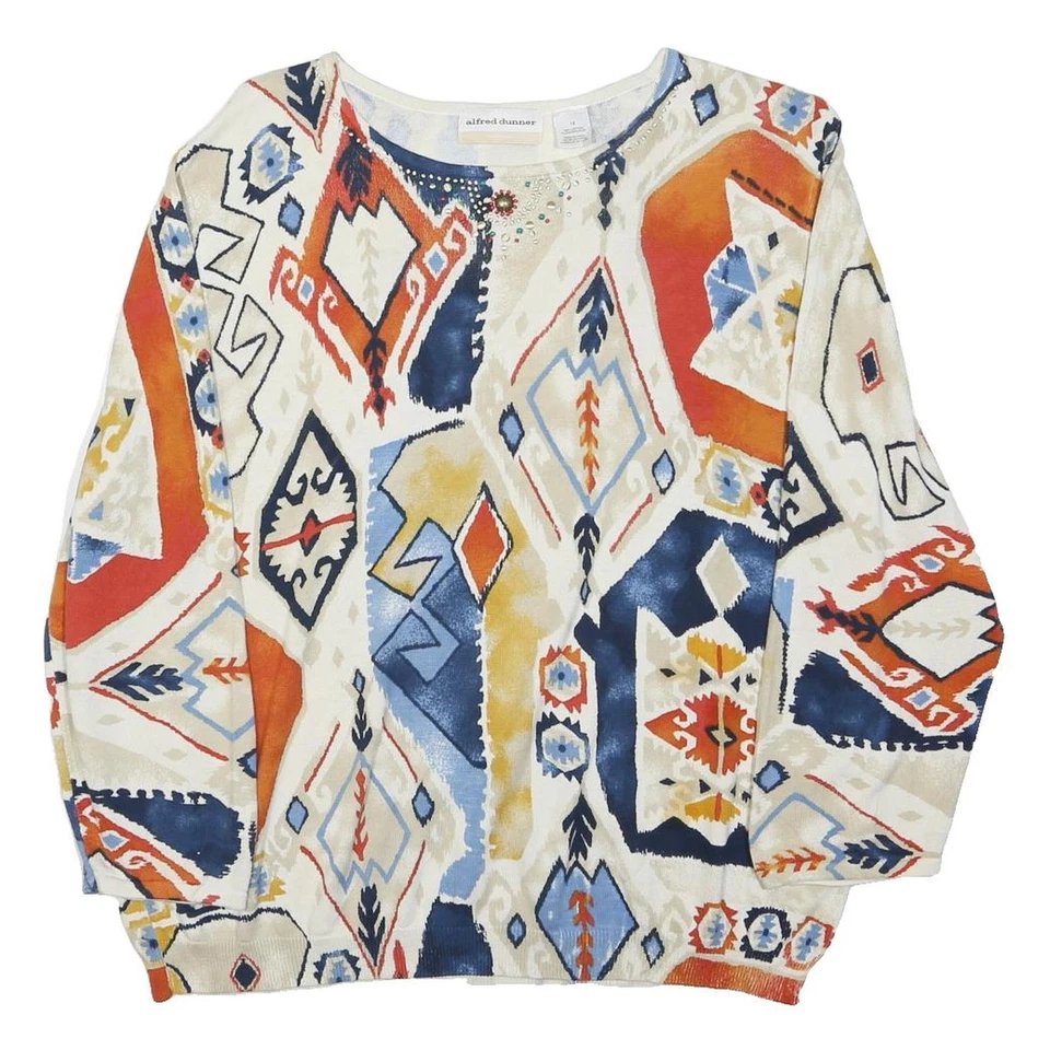 ALFRED DUNNER Pull Col Rond Motif Géométrique Coton Crème Orange Bleu Taille XL - Photo 1/4