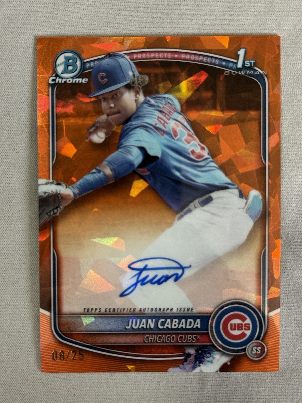 2025 Bowman Chrome Sapphire Juan Cabada Orange 1st Auto /25 Chicago Cubs CPSA-JC