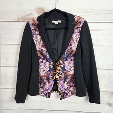 Boston Proper Mixed Floral Leopard Print Blazer Black Button Jacket Size 6