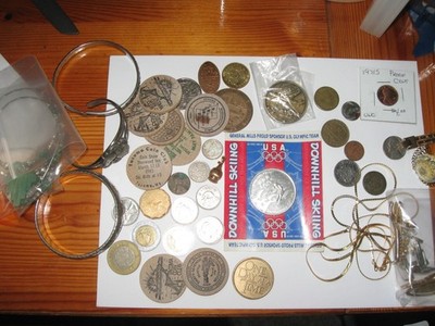 Costume Jewelry Lot, also tokens, wooden nickels, other misc.