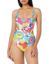Trina Turk Fontaine Twist Bright Floral High Cut One Piece Swimsuit New Size 14