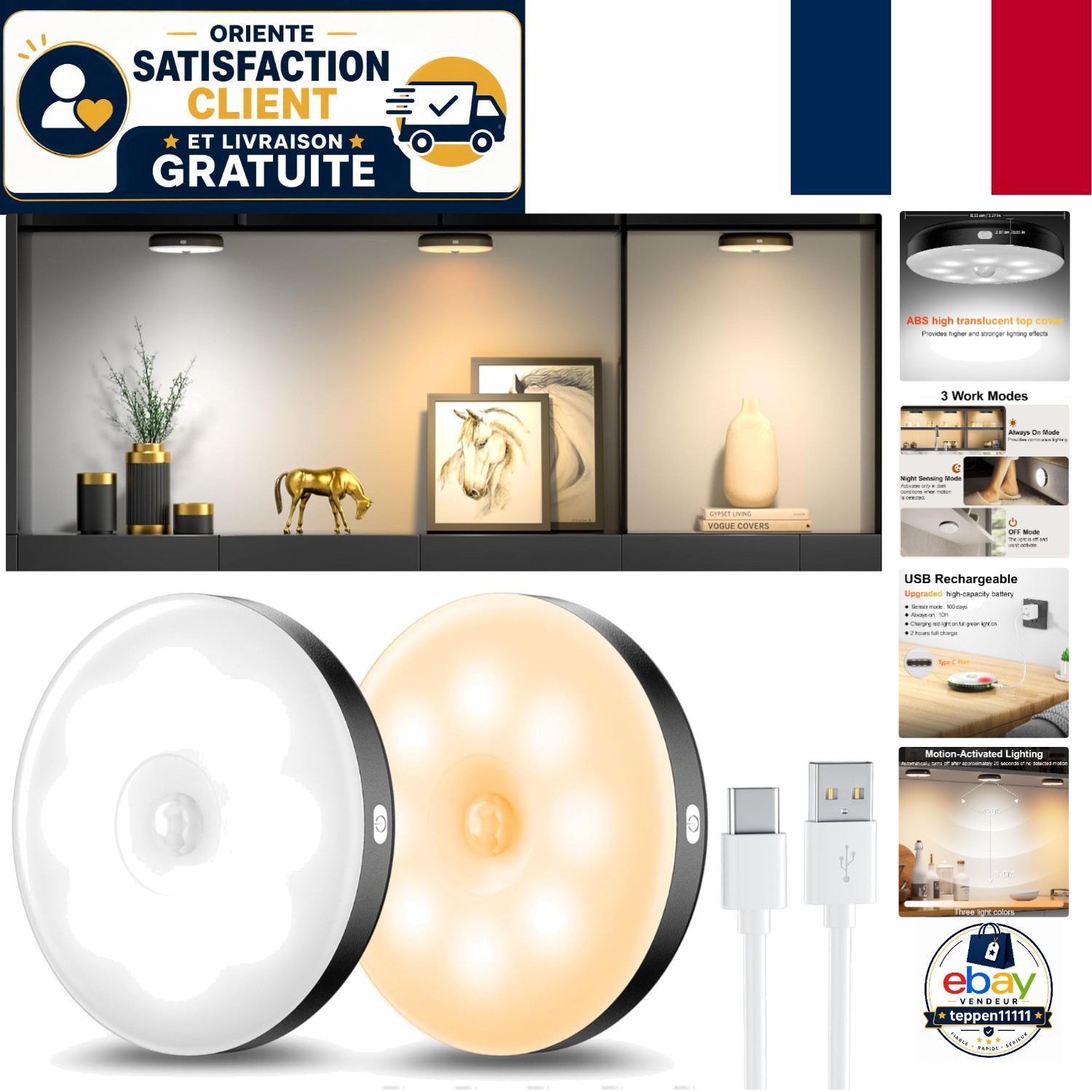 Veilleuse LED automatique rechargeable USB lot de 2 lampes trois couleurs