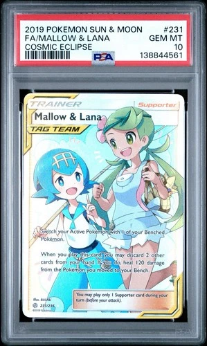2019 POKEMON SUN & MOON COSMIC ECLIPSE #231 FULL ART 236 MALLOW & LANA PSA 10