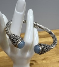 Robert Manse SS & 18K Cable Dome Cuff Bracelet ~ Light Blue Stones