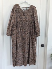 The Get 3X Leopard Print Scoop Back Midi Dress Smocking LS 100%Cotton NWT
