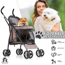 4 Wheels Foldable Pet Stroller Portable Travel Carrier Storage Skylight Basket