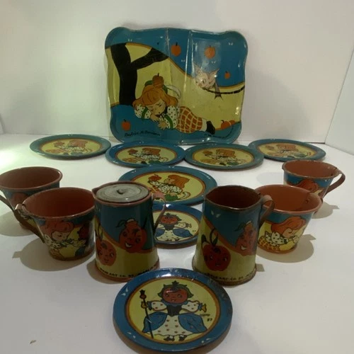Ohio Art Vintage Tin Tea Set Beatrice K. Benjamin Apple Girl Design 1957 17 pc