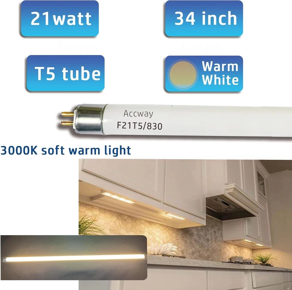 Accway F21T5/830 21W 34 Inch Fluorescent Tube Light Bulb 3000K Soft White 6 Pack - Image 4 of 4