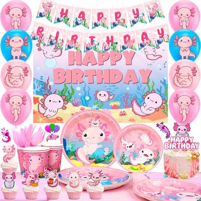 162 Pcs Cute Axolotl Party Decor Pink Axolotl Birthday Supplies Balloons Plates