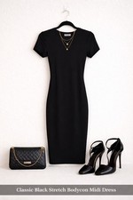 Black Bodycon Midi Dress Size S Stretch Fitted Short Sleeve NWOT