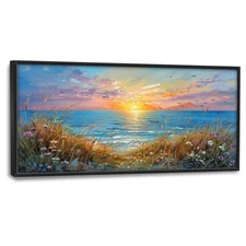 Beach Wildflower Large Framed Wall Art for Living Room Ocean Sunset Oversize ...
