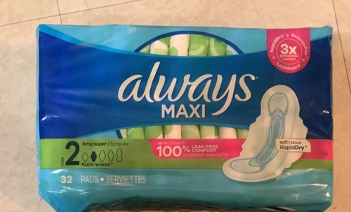 ALWAYS Maxi Long Super Pads Flexi-Wings Unscented Size 2, 32 Ct