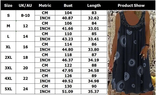 Womens Sleeveless Retro PRINT Summer Baggy Kaftan Lace Loose Top Dress Plus Size - Picture 25 of 25