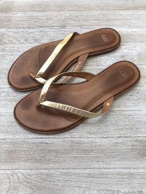gold leather flip flops