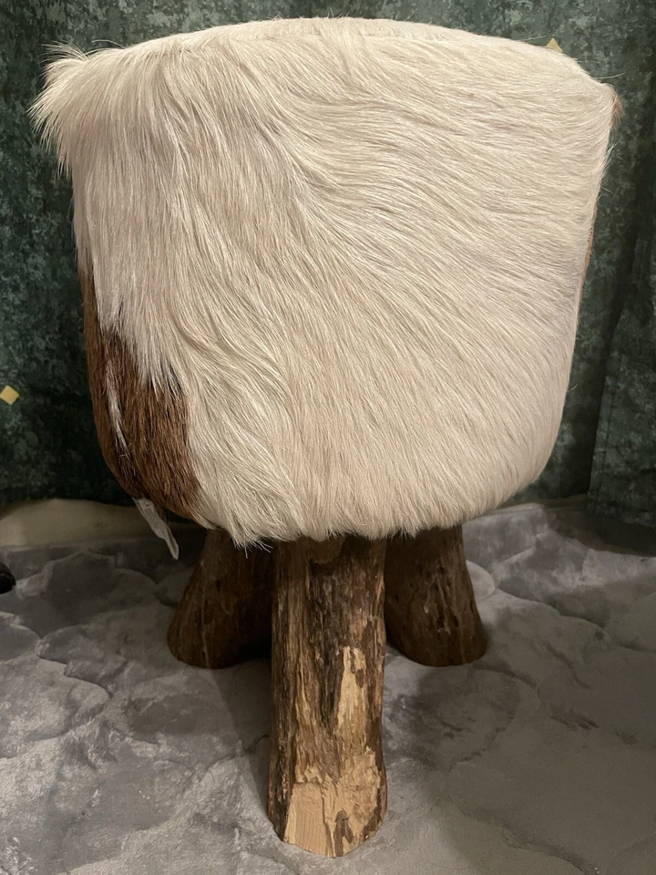 Beautiful Goat Hide Teak Timber Round Stool - Image 4 of 4