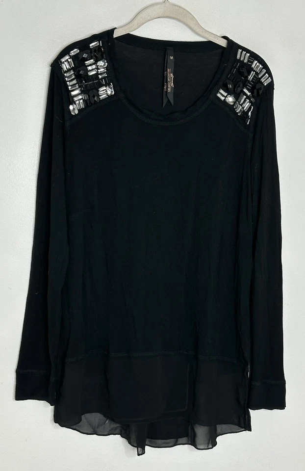 Melissa McCarthy Seven7 Manga Larga Joya Hombro Top Dobladillo Transparente Negro Fluido M Foto 2 de 4