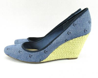 SOLE SOCIETY Womens 9.5M Blue Anchor Nautical Print Espadrille Wedge Pumps Heels
