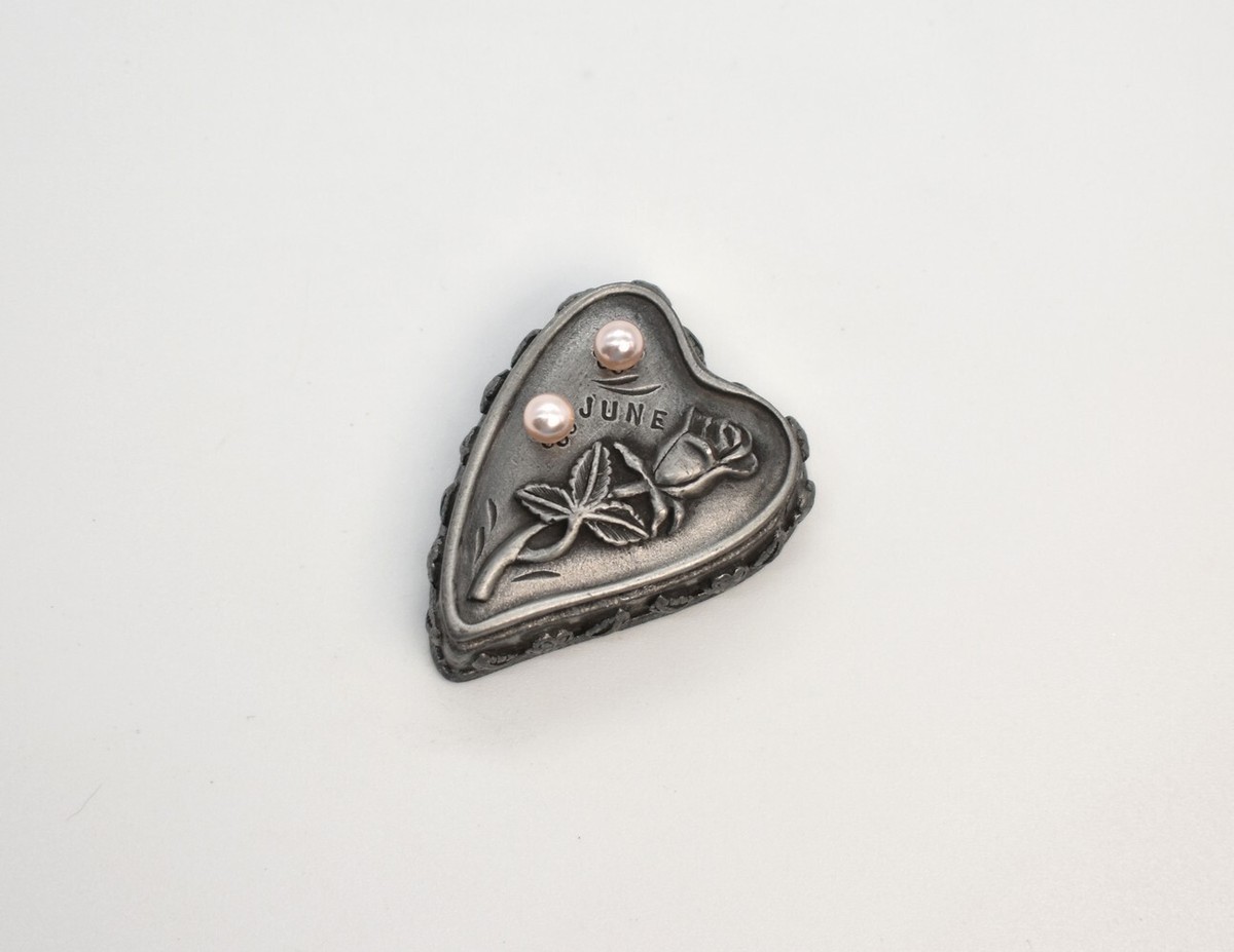 Torino June Trinket Box Pewter Rose Brooch Lid Pink Faux Pearl