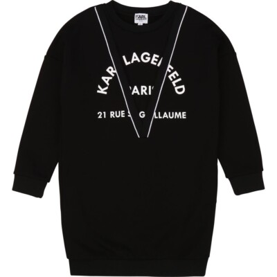 KARL LAGERFELD GIRLS LOGO SWEAT DRESS BLACK W FAUX 2-IN-1 LOOK MINI ME, Size 4