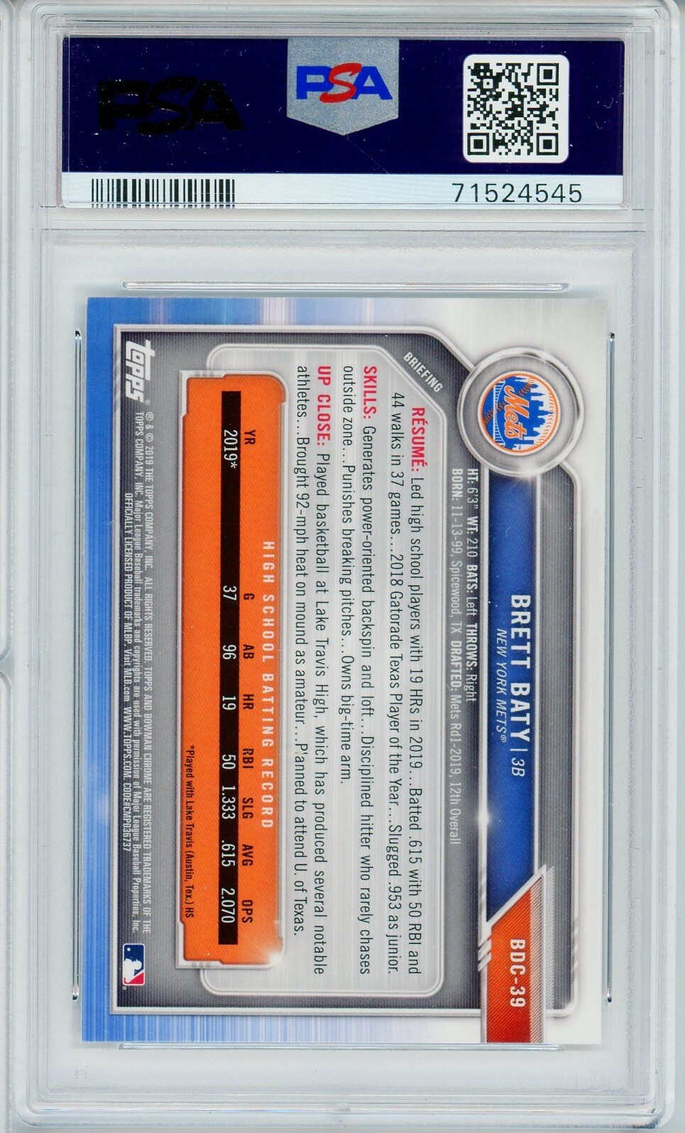 2019 Bowman Draft Chrome Sapphire BRETT BATY BDC39 RC Rookie Prospect