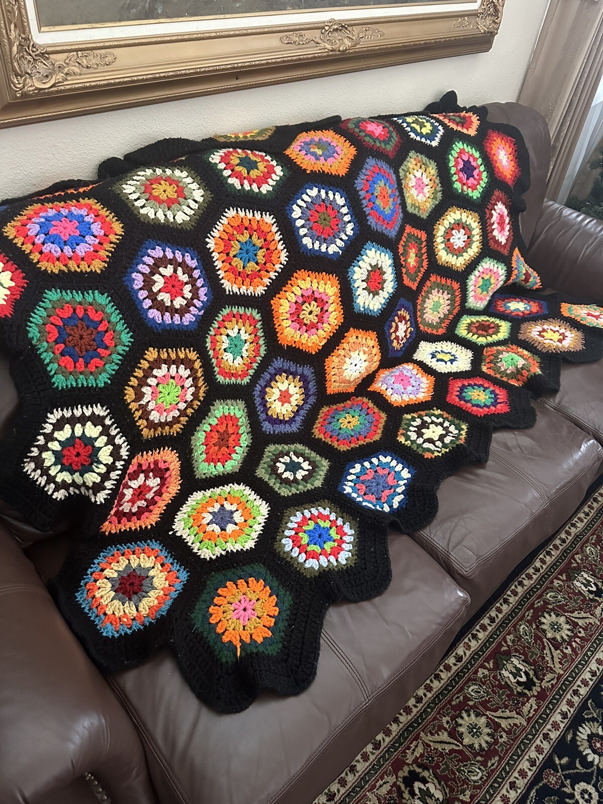Boho Crochet Granny Square Roseanne Afghan Blanket Throw 66” x 45