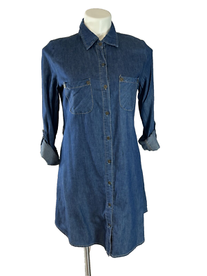 Derek Heart Blue Button Up Denim Jean Dress Size Medium Roll Sleeve Keyhole  Back | eBay