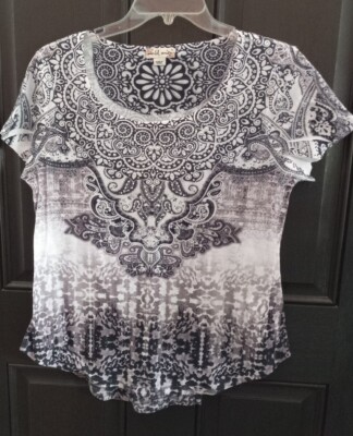 Womens Blouse World Unity M Black And White With Pretty Design And Sparkle