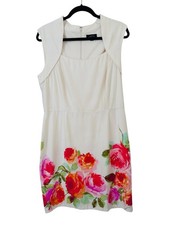 Tahari Arthur S Levine Dress 14 Ivory Floral Hem Sheath Lined Back Zip MINT
