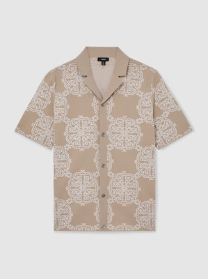 REISS Gabriel Jacquard Knit Cuban Collar Shirt Men's Medium Champagne White $245