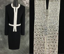 BEAUTIFUL St John evening knit black white rhinestones embellished skirt suit 10