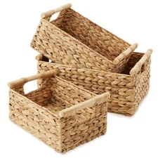 3-Piece Hyacinth Rectangular Storage Basket Set w/ Wood Handles, Natural Wicker