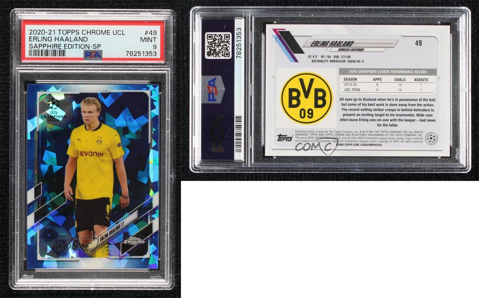2020 Topps Chrome UCL Sapphire Image Variation SP Erling Haaland #49 PSA 9 MINT