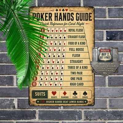 Retro Quick Reference Poker Hands Guide Card Night Metal Tin Sign