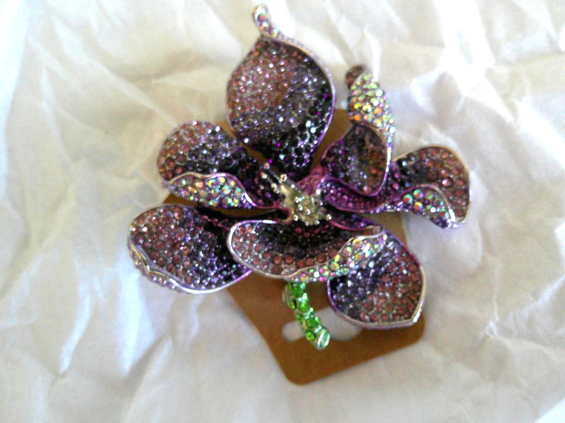 Multi-Color Purple/ Pink/ Aurora Borealis Pave Crystal Orchid Pin Brooch 2 1/2"