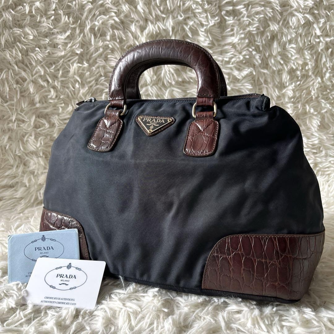Prada Black Nylon Croco Handbag with Triangle Logo Made in Japan