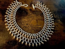 Handmade Beaded Collar Necklace White Gold Pearl Lattice Statement Bib Choker
