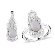 Natural Jade 3.30ctw Pixiu Ring and Pendant in Rhodium Over Sterling Silver Sz 7