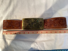 Vintage Mexico Hand Tooled Leather Belt and Large Brass Buckle ABTIK, 31"