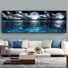 Panoramic Abstract Ocean And Night Moon Landscape Canvas Wall Art Home Decor