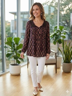 Style & Co Bohemian Geometric Tunic Rhinestone Auburn Floral Peasant Blouse PL