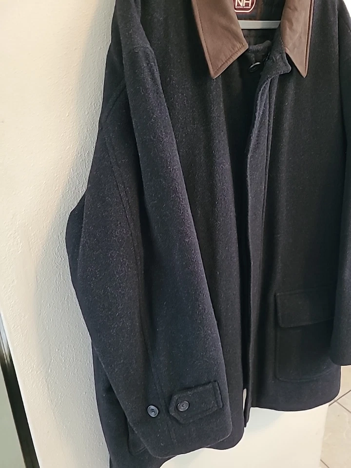 Hermoso abrigo de lana negro Newport Harbor para hombre cuello de cuero marrón forrado 2xl? Foto 3 de 4