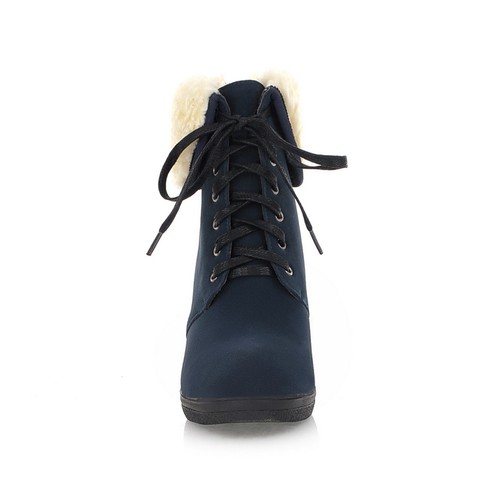 84672 Women Ladies Blue Black Faux Fur Lace Up Wedge Winter Boots Shoes 34-39 - Picture 4 of 11