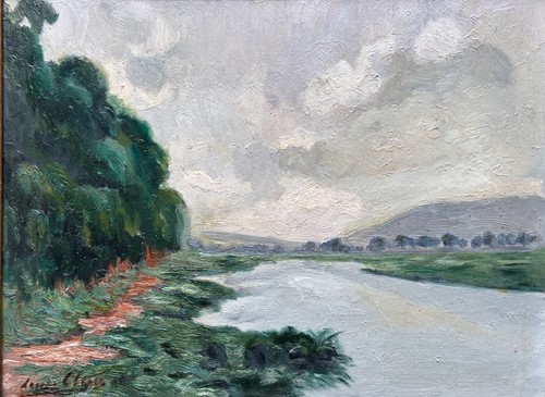 Beau tableau ancien paysage vue de rivière ciel impressionniste Louis Clesse - Photo 7/11