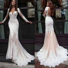 Elegant Mermaid Wedding Dresses Lace Applique Long Sleeves Bridal Gowns Traiin