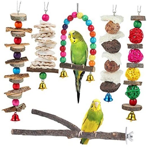Bird Perch Bird Toys Parakeet Toys,6 Pack Bird Cage Accessories Wooden Chew