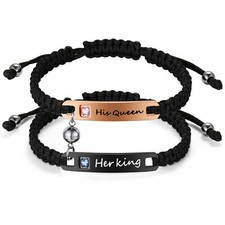 2pcs His Queen Her King Couple Bracelets Rope Braided Distance Bracelet Adjusta